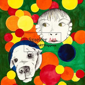 a child and a dog peaking through some holes