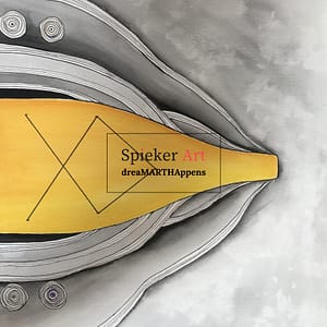 Watercolor and ink Yellow kayak breaking through still water