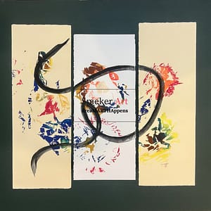 tryptic of three monotypes connected by a ribbon