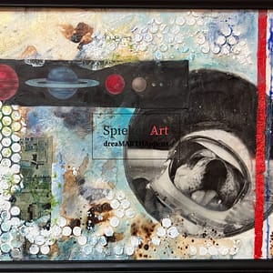 Encaustic of English bulldog in a space suit