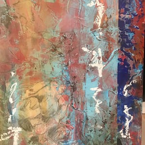 person crouched in lower left corner leaning forward surrounded by abstract color