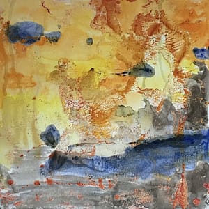 abstract encaustic art on paper, blue, orange red, and grey