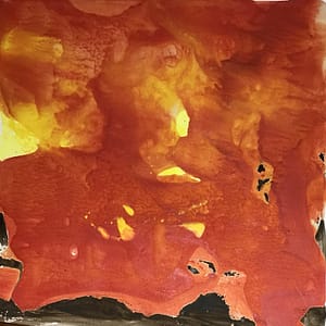 Abstract painting of red yellow and brown hot wax on paper
