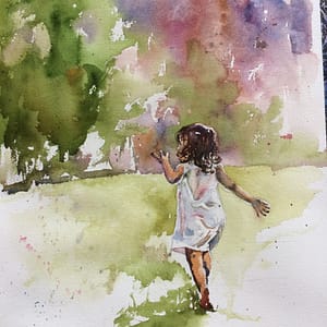 watercolor young girl running across the grass