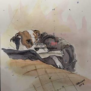 Watercolor dog snuggled up in a blanket