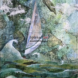 collage/painting of a boat sailing in the waves