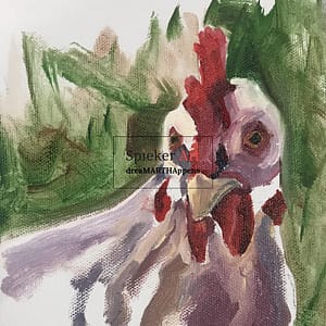 oil painting of a white chicken looking at you
