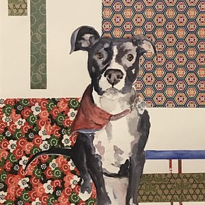 black and white dog with red kerchief, collage surrounding watercolor