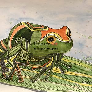 Water color and ink drawing of A green and orange frog on a leaf