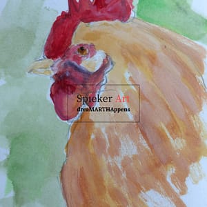 gouache painting of tan chicken with red comb