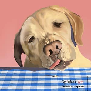 A yellow lab sticking his tongue out to go for the last crumb