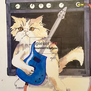 shaved long hair cat playing a blue electric guitar in front of an amp
