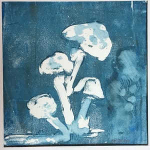 monoprint of mushrooms in blue