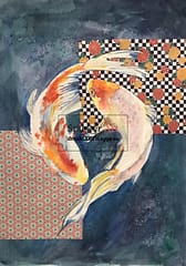 Watercolor, multimedia of 2 koi swimming in a circle