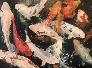 oil painting of koi feeding