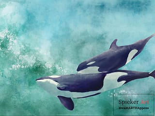 digital watercolor of Orca whale and her calf