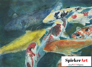Koi gathering to be fed, mixed media