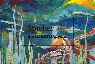 an orange octopus nestled down in a collage of eel grass and buildings