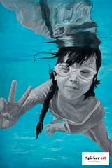young girl underwater, showing a peace sign