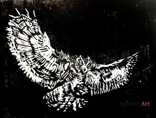 linocut of an owl swooping in