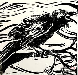 linocut of crow