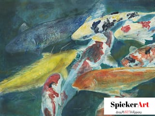 Koi gathering to be fed, mixed media