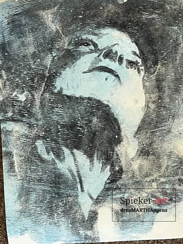 charcoal drawing of a woman looking up