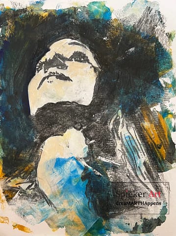 charcoal drawing of a young woman with long hair looking up