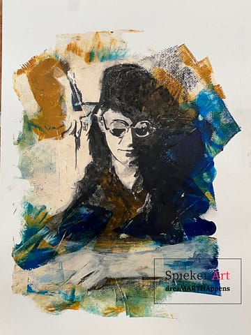 Charcoal drawing of a young man with a top hat and round glasses
