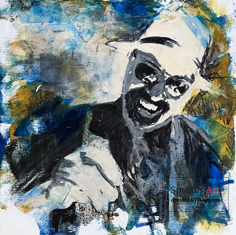 Charcoal drawing printed of a man in a white hat