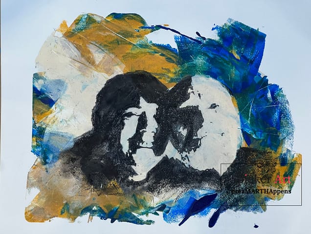 Portrait of a man and a woman, charcoal drawing printed.