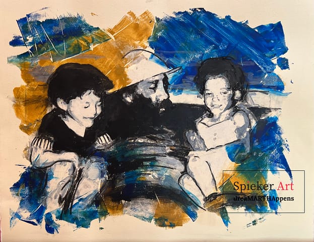 Charcoal printed drawing of a man with his young son and daughter