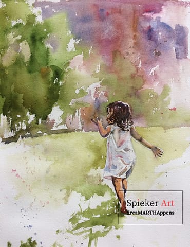 watercolor little girls walking across a field