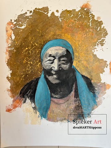 monotype, charcoal drawing of an older woman with a blue headscarf