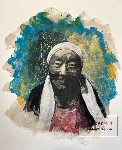 charcoal drawing, monotype of an older woman with a scarf around her hair