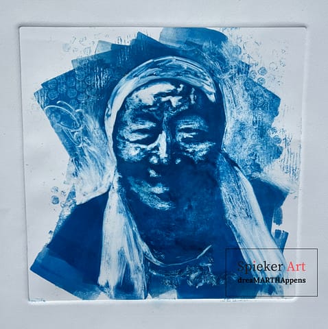 blue mootype of an older woman smiling wearing a head scarf