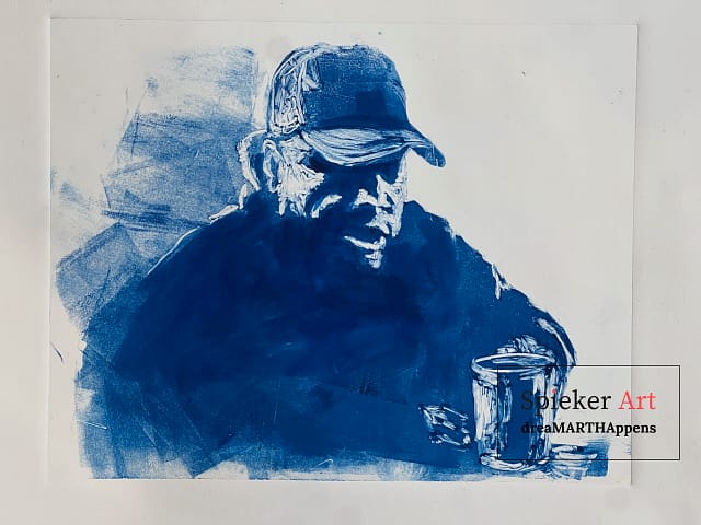 Monotype of a man bending over a coffee