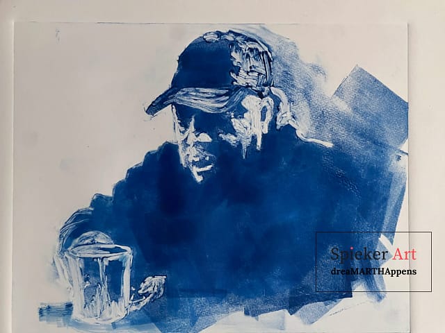 blue monotype of a tired man drinking a cup of coffee