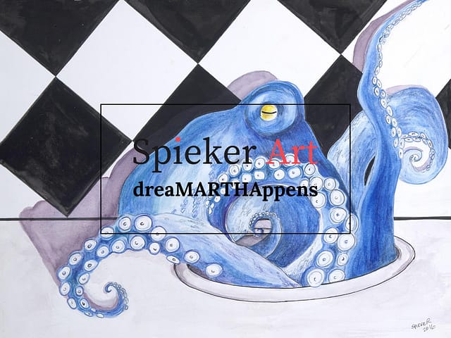 Blue octopus in front of black and white tiles coming out of the drain