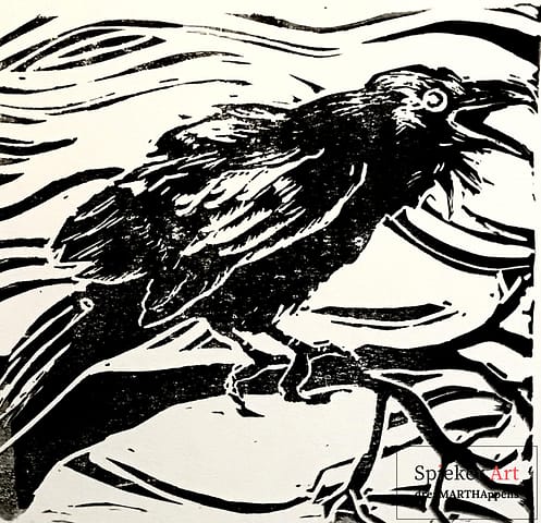 linocut of crow