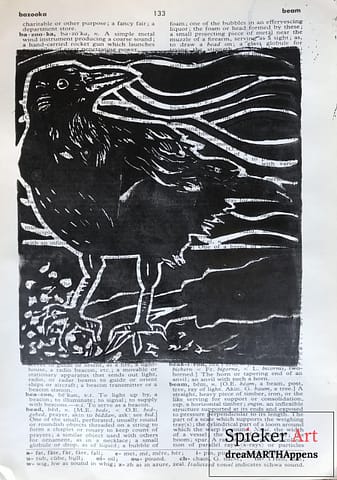 a Linocut of a crow catching a scent on the Breeze on a dictionary page