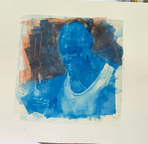 Second printing of a monotype portrit of a man printed with blue ink.