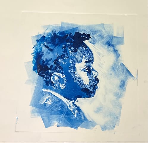a single color blue monotype portrait printed on a late 1800s printing press