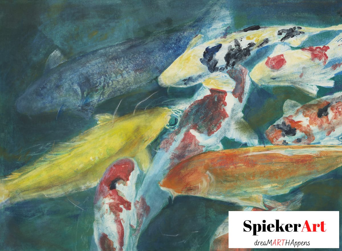 Koi gathering to be fed, mixed media