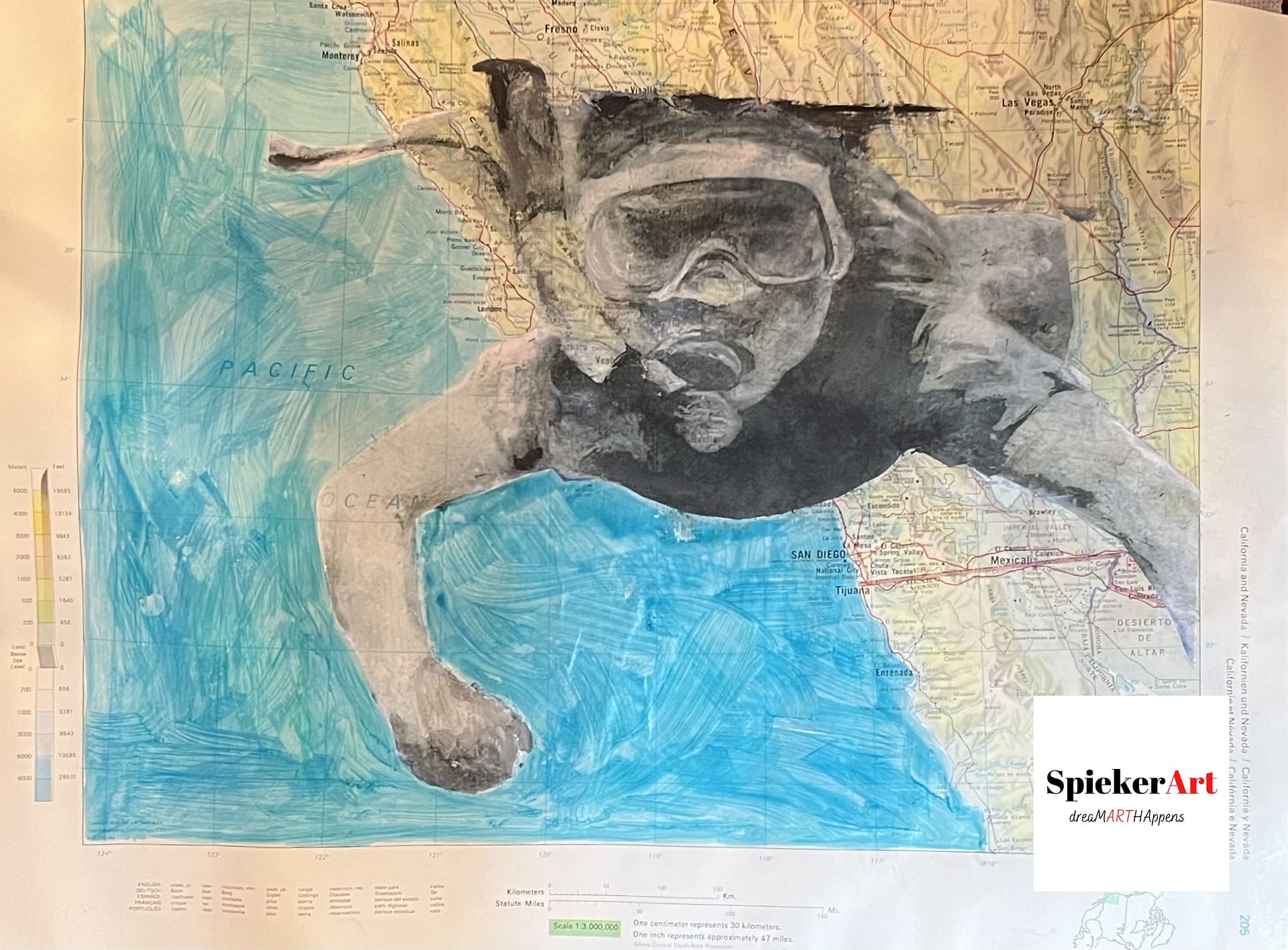 Snorkeler superimposed in a map of California
