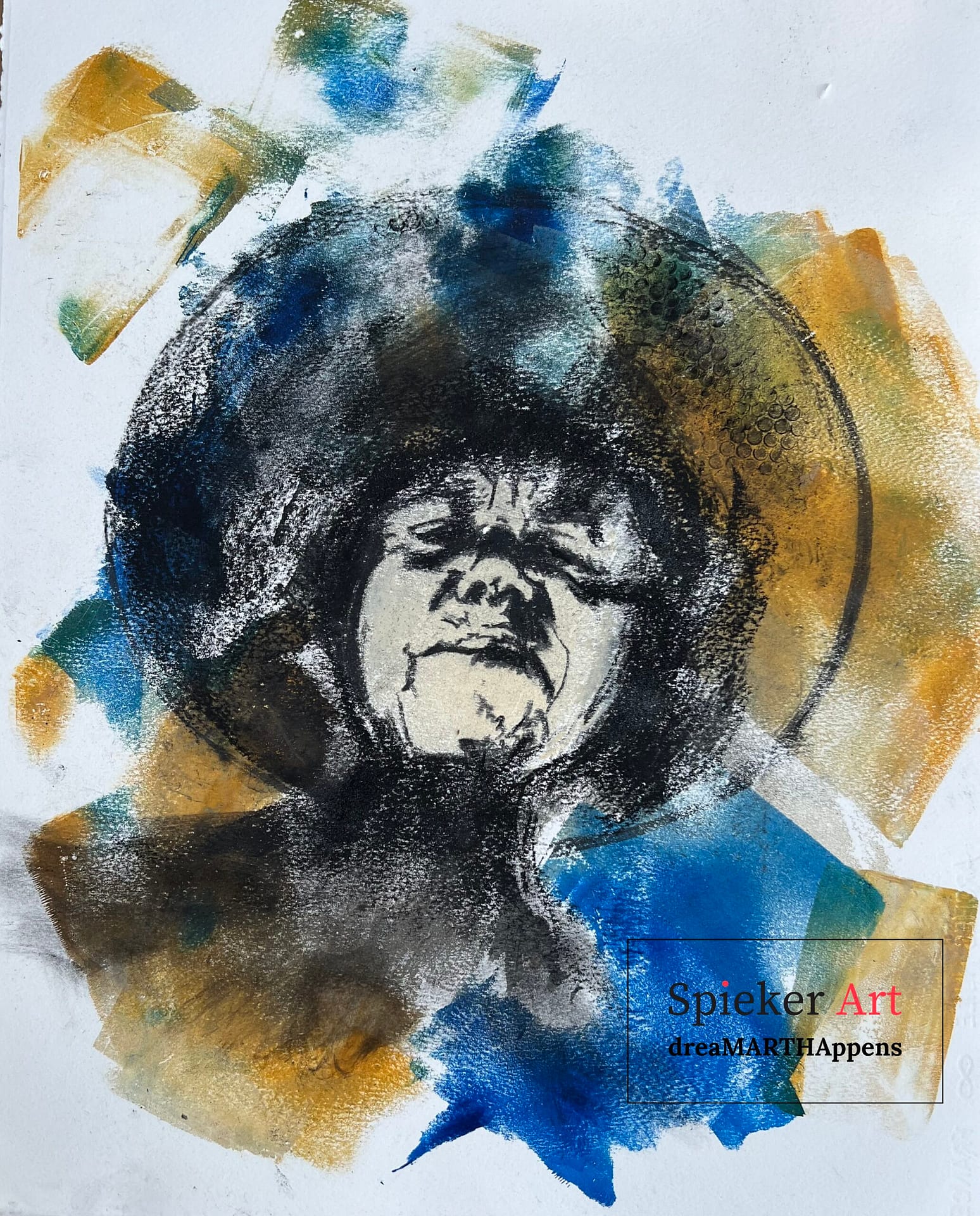 charcoal print  of a woman with a large hat looking down