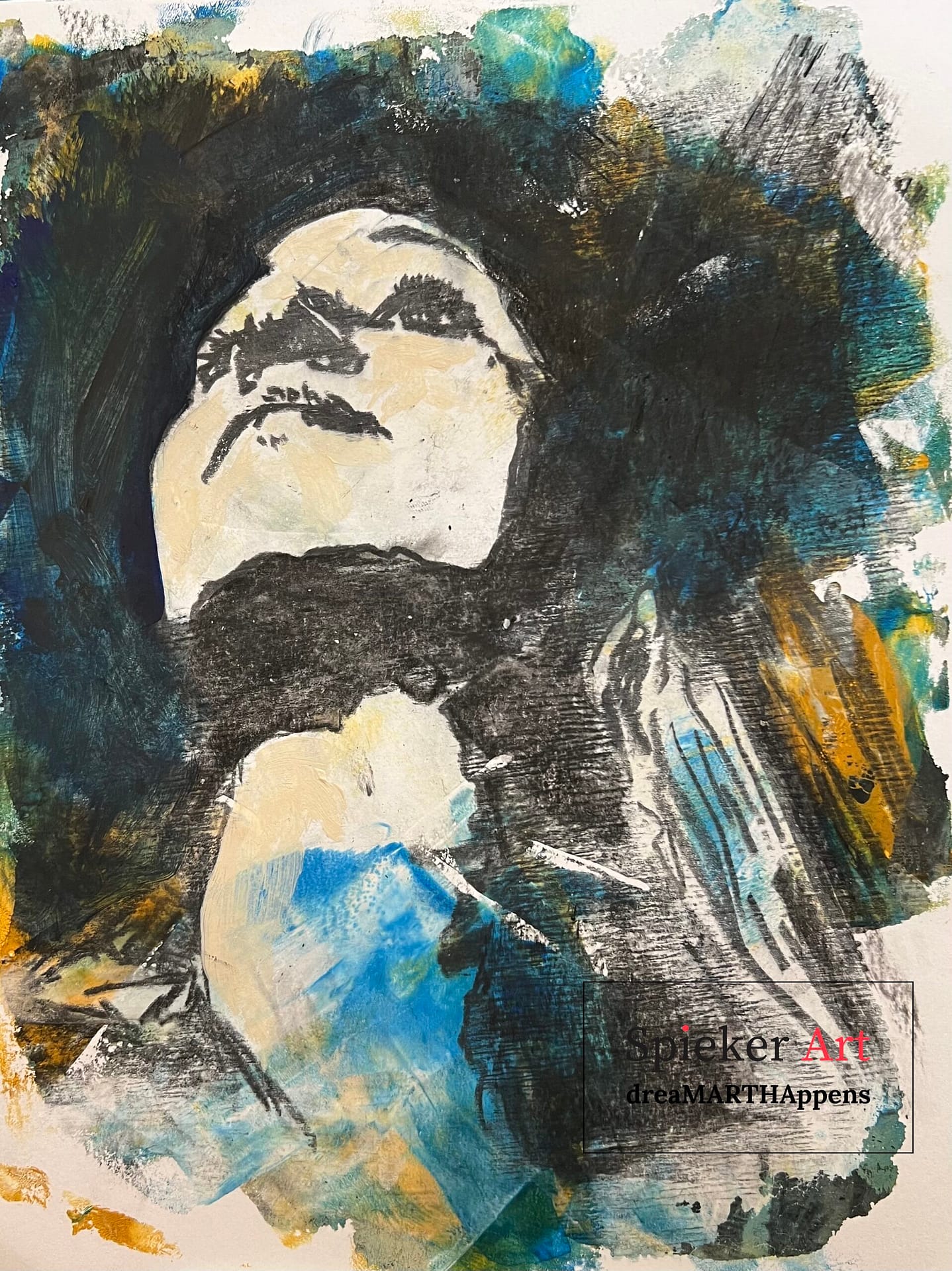 charcoal drawing of a young woman with long hair looking up