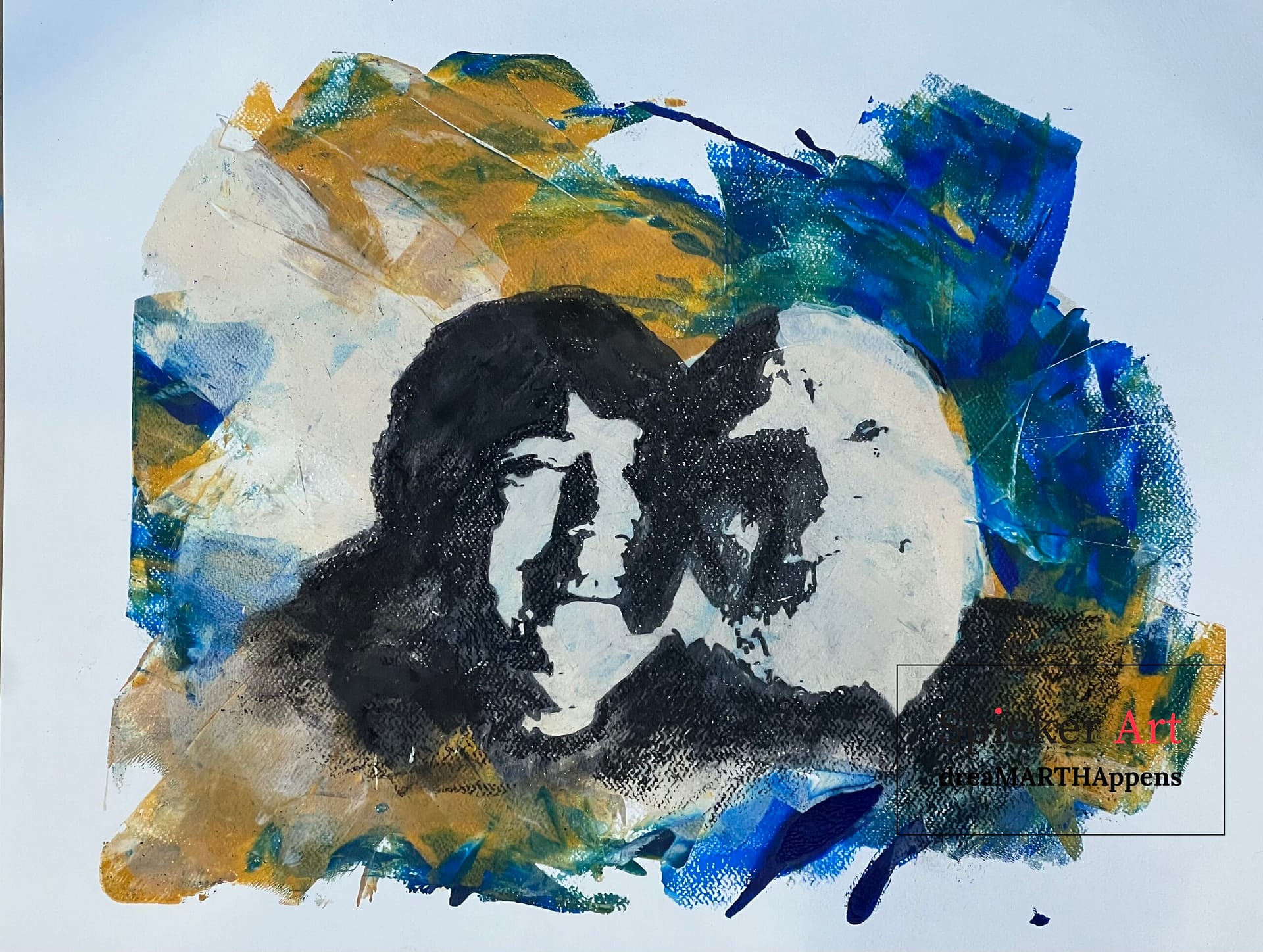 Portrait of a man and a woman, charcoal drawing printed.