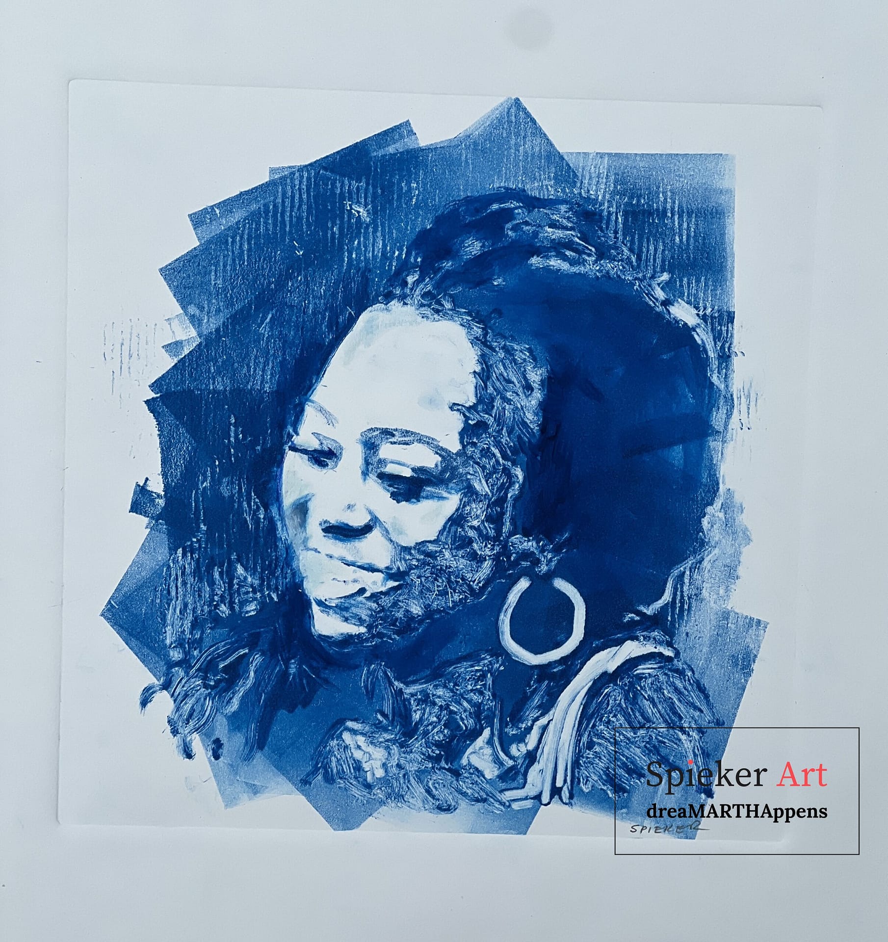 monotype in phathlo blue of a young woman smiling