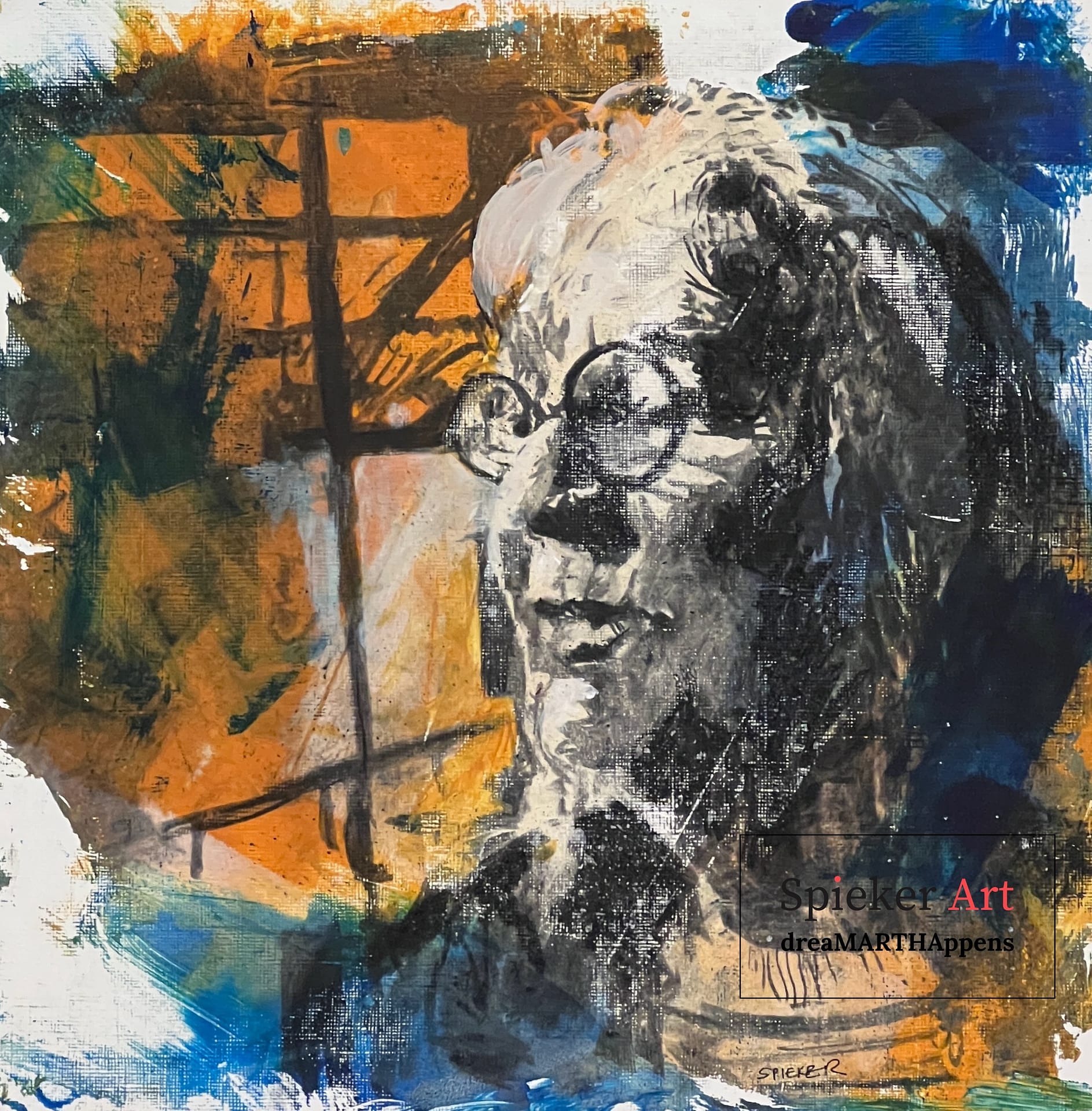 portrait of an older woman , mixed media charchol and acrylic paint print